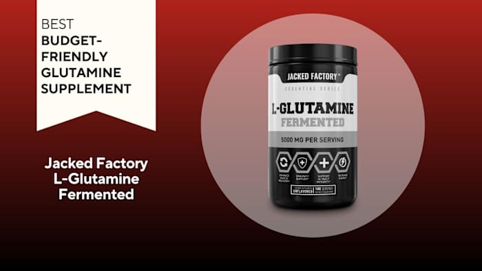 A red and black background with a white banner that reads Best Budget-Friendly Glutamine Supplement next to an image of Jacked Factory L-Glutamine Fermented